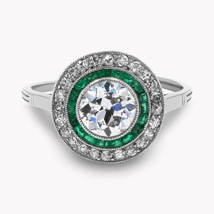 Old European Cut Diamond and Emerald Target Ring Old European Cut, Millegrain Set_2