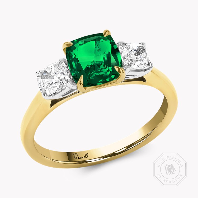 Cushion Cut 1.74ct Zambian Emerald and Diamond Three Stone Ring Modern Cushion Cut, Claw Cut_1