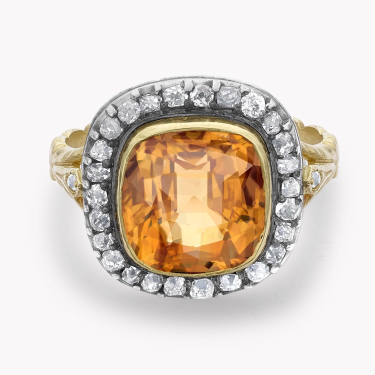 Victorian Cushion Shaped Orange Topaz Ring with Diamond Surround Antique Cushion & Old Cut, Rubover Set_2