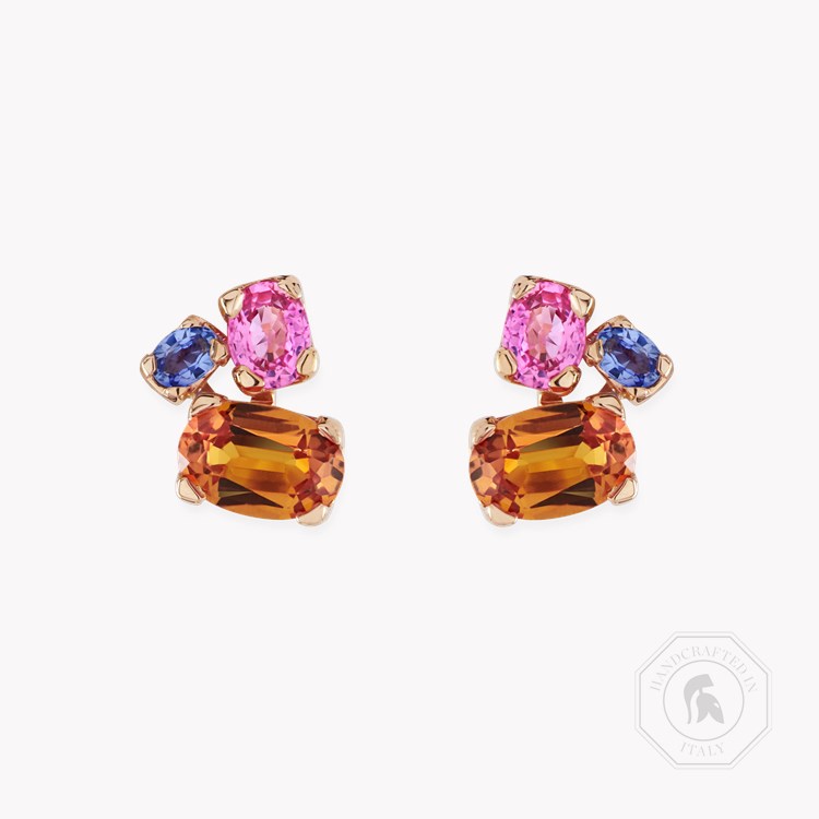Rainbow Fancy Sapphire Three-Stone Earrings   1.80ct in 18ct Rose Gold