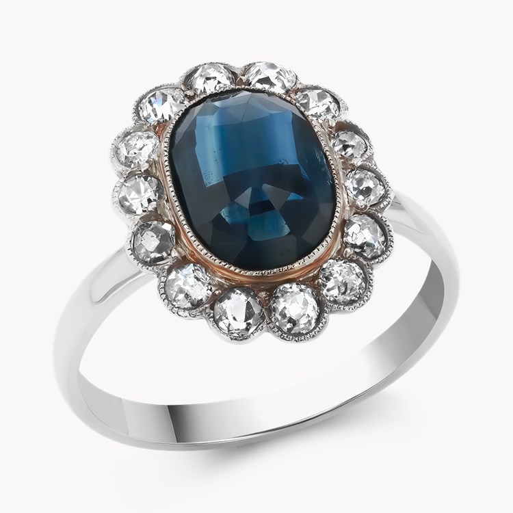 Art Deco Rose Cut Sapphire and Diamond Cluster Ring Rose Cut, Millegrain Set_1