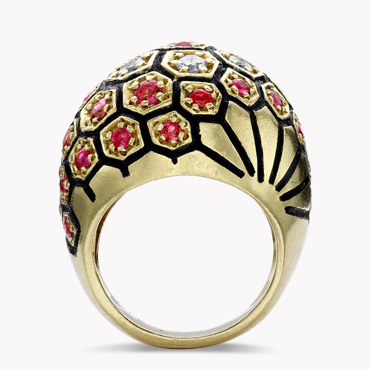 Retro Diamond & Ruby Bombé Honeycomb Dress Ring Old & Round Cut, Claw Set_3