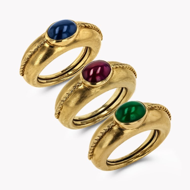 1960s Emerald, Ruby and Sapphire Trio of Rings Cabochon Cut, Rubover Set_1