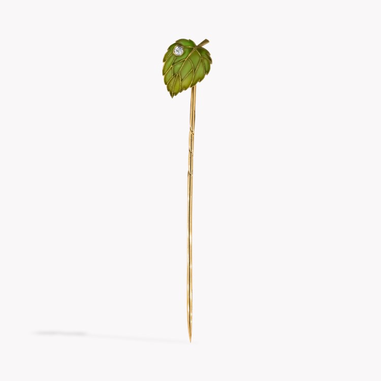 Art Nouveau Diamond Plique a Jour Green Leaf Stick Pin Brilliant Cut, Rubover Set_1