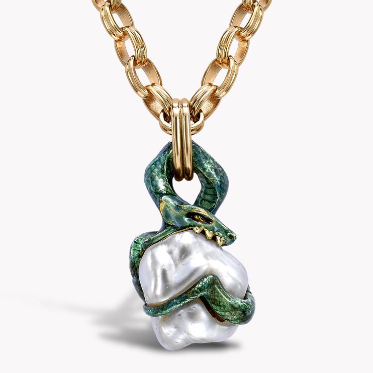 Belle Époque Pearl Snake Pendant in Yellow Gold Natural Pearl Pendant, with Enamel Snake_1