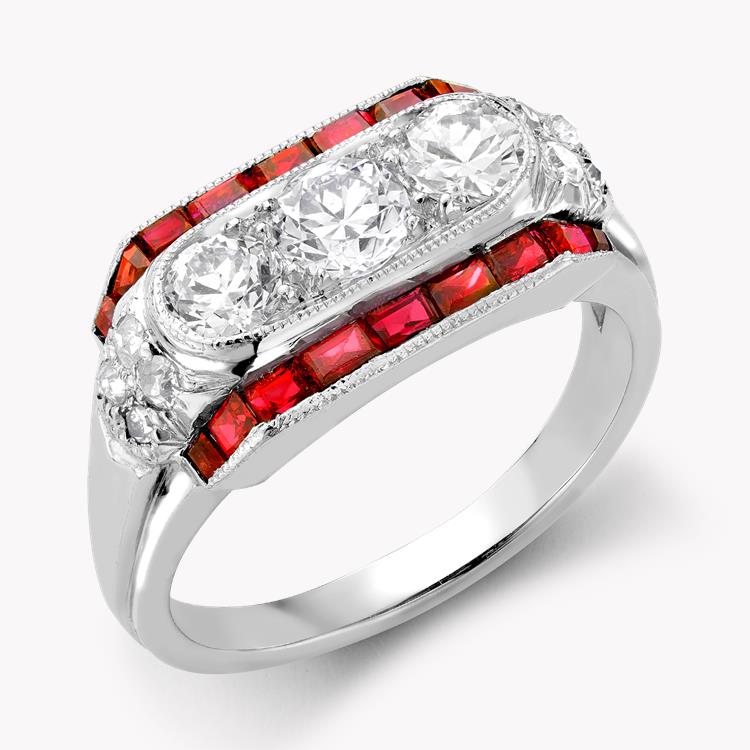 Art Deco Three Stone Plaque Ring  Ruby, Diamond & Platinum Brilliant, Old and Calibre Cut, Rub Over and Claw Set_1