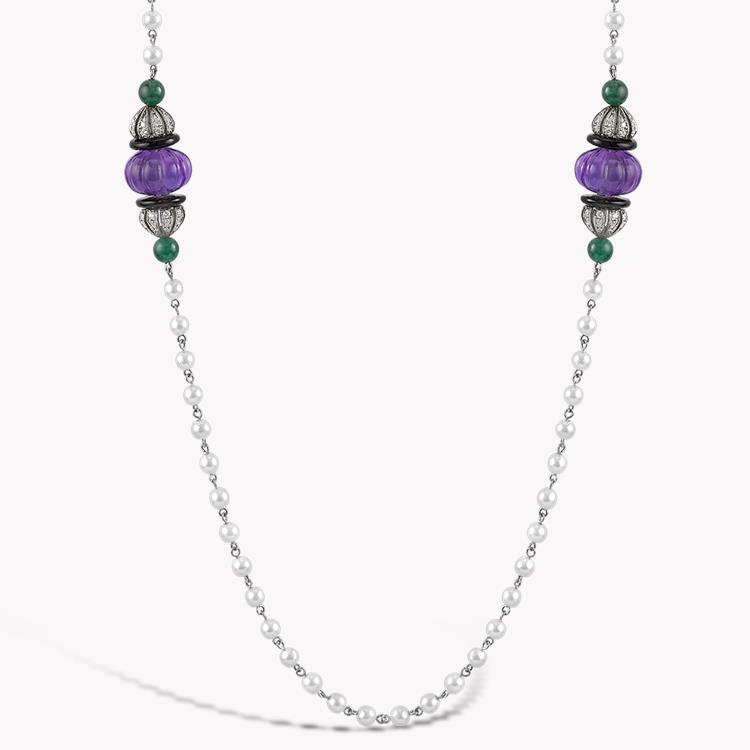 Carved Bead Amethyst Necklace Long Necklace with Pearls and Diamonds_1