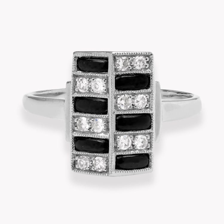 Art Deco Style Brilliant Cut Diamond and Black Onyx Plaque Ring Brilliant Cut, Grain Set_2