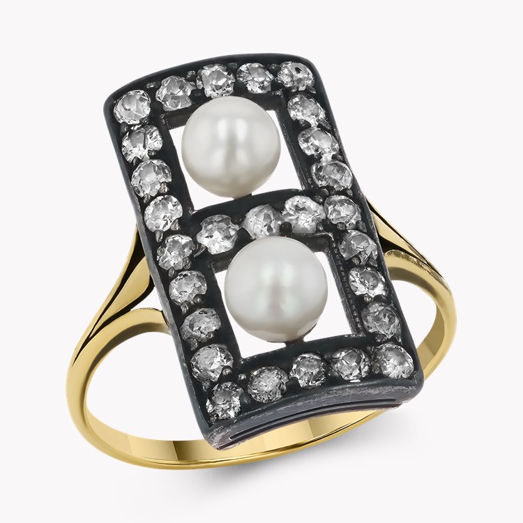 Victorian Pearl and Diamond Plaque Ring Old European Cut, Claw Set_1