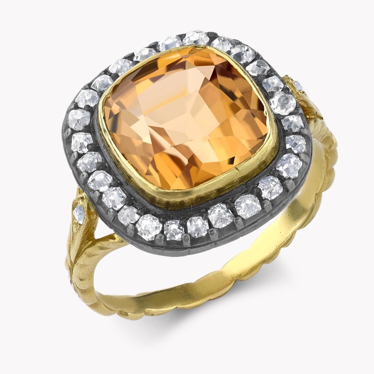 Victorian Cushion Shaped Orange Topaz Ring with Diamond Surround Antique Cushion & Old Cut, Rubover Set_1