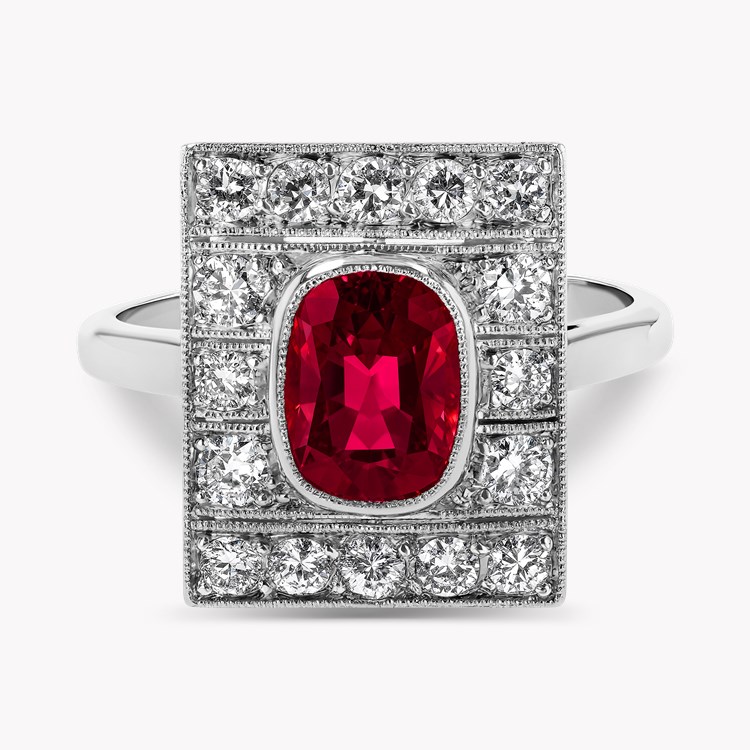 Art Deco 1.30ct Burma Ruby and Diamond Plaque Ring Antique Cushion Cut, Millegrain_2