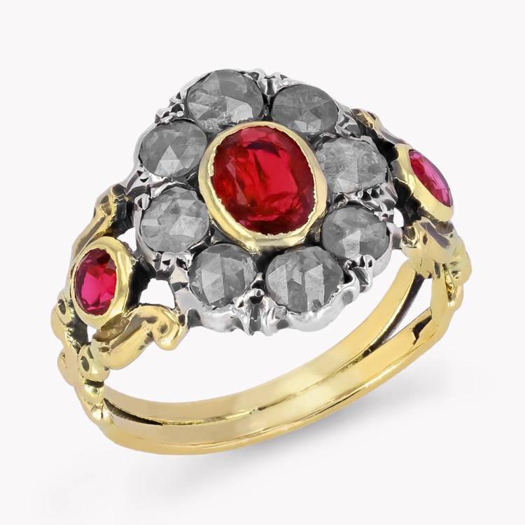Georgian Ruby & Diamond Floral Cluster Ring Oval & Rose Cut, Rubover Set_1