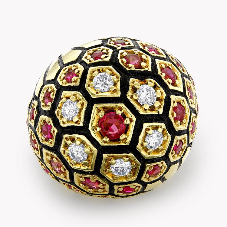 Retro Diamond & Ruby Bombé Honeycomb Dress Ring Old & Round Cut, Claw Set_2
