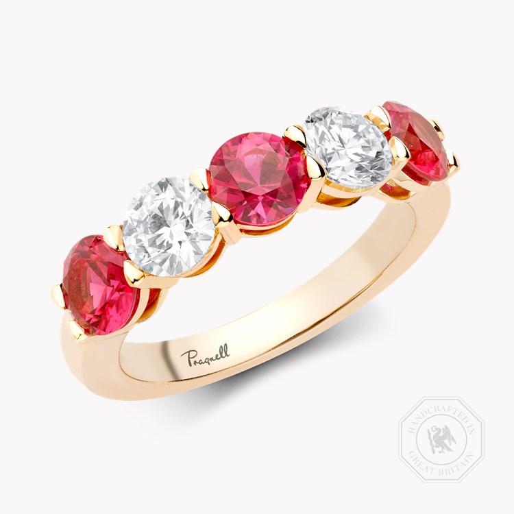Five Stone Ruby and Diamond Ring Round Brilliant Cut, Claw Set_1