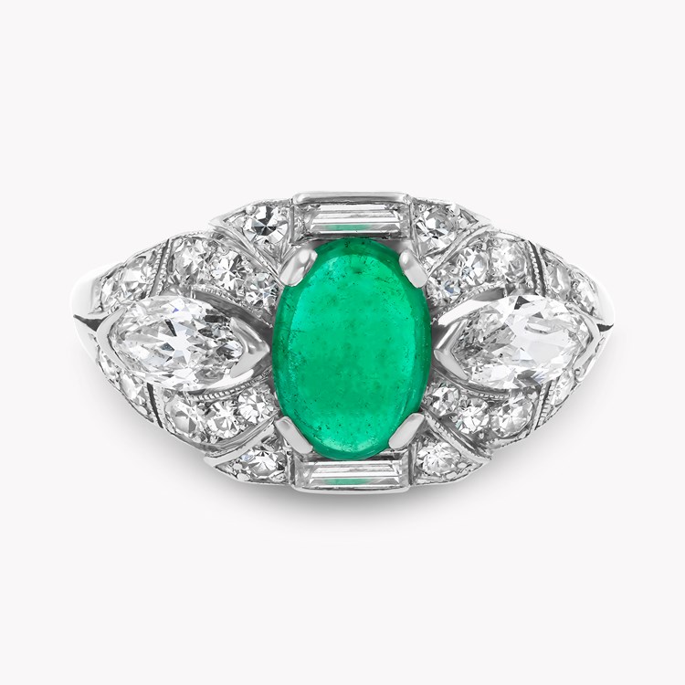 Edwardian Cabochon Cut Emerald and Diamond Ring Cabochon Cut, Claw Set_2