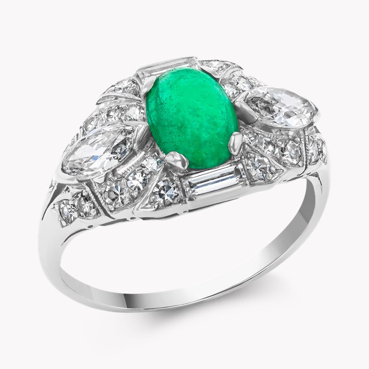 Edwardian Cabochon Cut Emerald and Diamond Ring Cabochon Cut, Claw Set_1