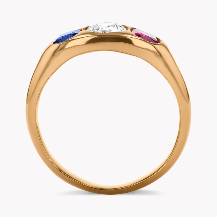 Old Cut Diamond, Sapphire and Ruby Three Stone Ring Old & Oval Cut, Gypsy Set_3