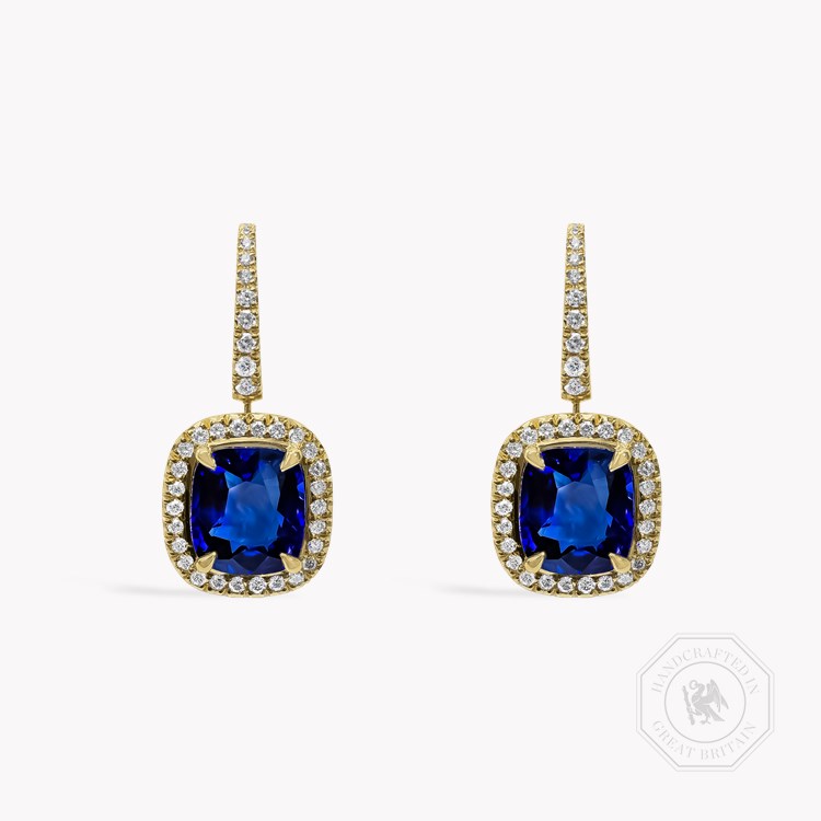 Cushion Cut 4.07ct Sri Lankan Sapphire and Diamond Drop Earrings   in 18ct Yellow Gold
