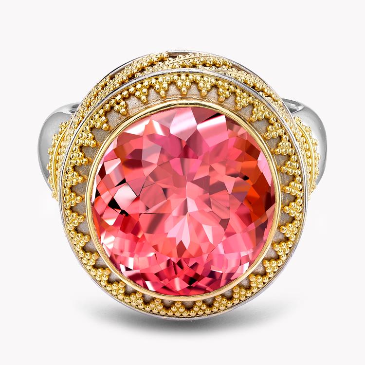 1980s Tourmaline Ring 15.70CT in Yellow Gold Cushion Cut Solitaire Ring, with Beaded Surround_2