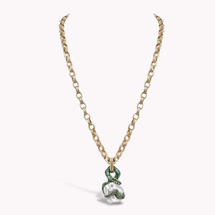 Belle Époque Pearl Snake Pendant in Yellow Gold Natural Pearl Pendant, with Enamel Snake_2