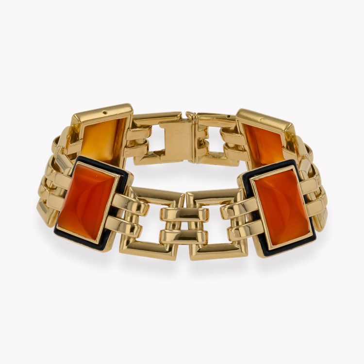 Art Deco Georges L'Enfant Chalcedony and Enamel Link Bracelet Cabochon Cut, Rubover Set_1