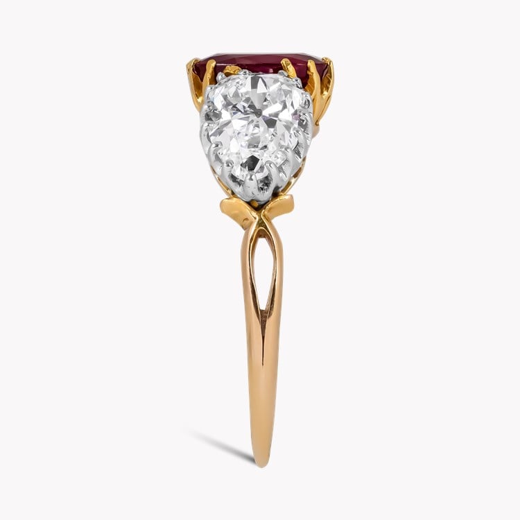 Edwardian 1.63ct Burma Ruby and Diamond Three Stone Ring Cushion & Pear Cut, Claw Set_4
