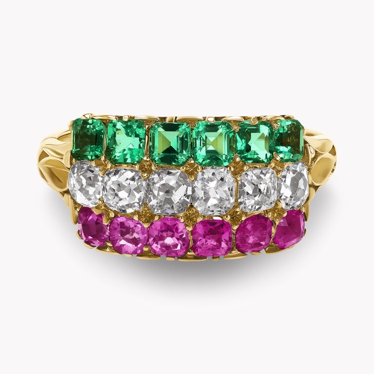 Three Row Ruby, Diamond and Emerald Ring Old Cut, Claw Set_2