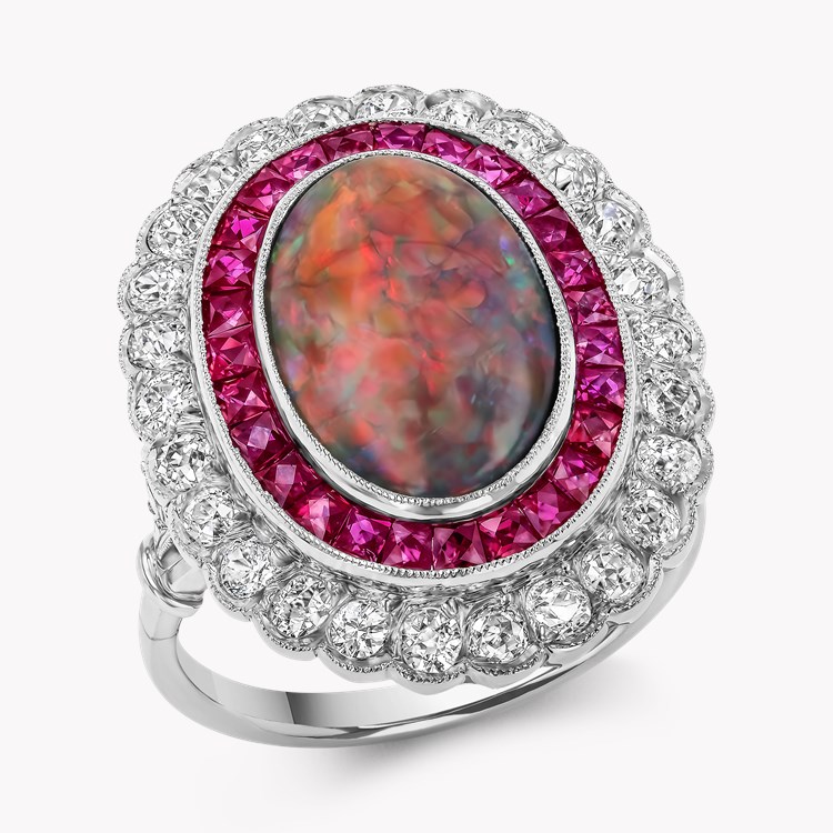 Edwardian Inspired Opal, Diamond and Ruby Cluster Ring   in Platinum