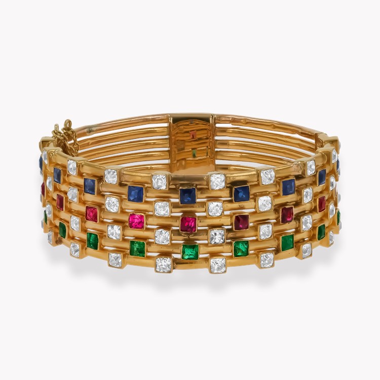 Art Deco Mallerio Diamond, Emerald, Ruby and Sapphire Seven Row Bangle Square Cut, Rubover Set_1