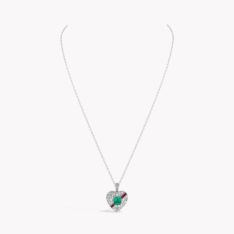 Art Deco Emerald Cut Emerald, Ruby and Diamond Heart Pendant Emerald Cut, Millegrain Set_2