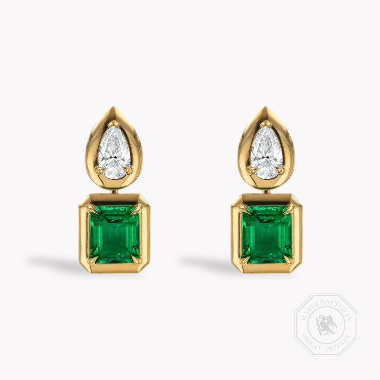 Skimming Stone Octagonal Cut Colombian Emerald and Diamond Earrings   in 18ct Yellow Gold