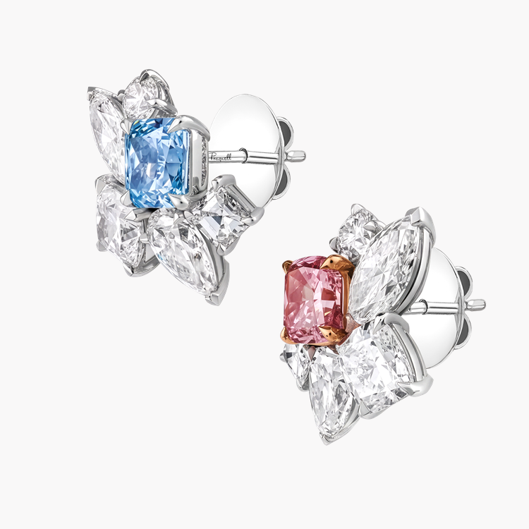 Masterpiece Bloom Setting Fancy Greenish Blue and Fancy Purple Pink Diamond Cluster Earrings Radiant, Cushion & Brilliant Cut, Claw Set_2