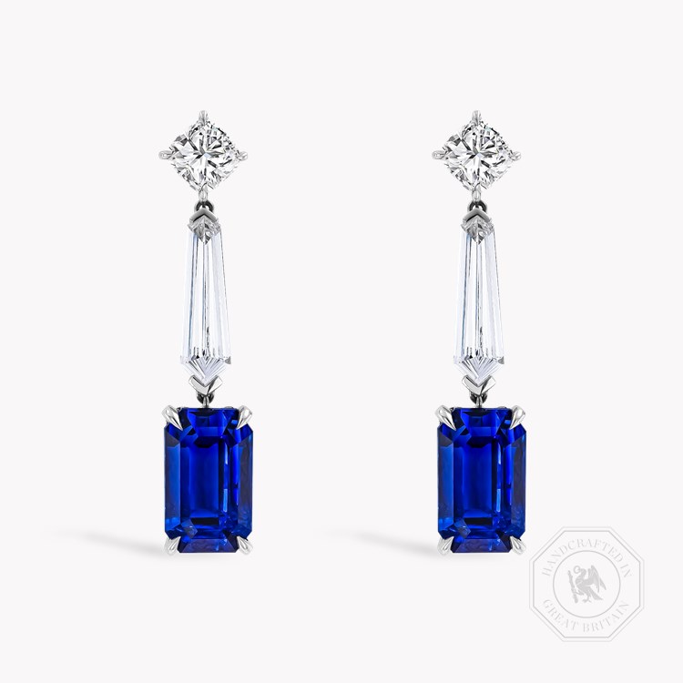 Masterpiece 13.37ct Sri Lankan Sapphire and Diamond Drop Earrings Emerald Cut, Claw Set_1