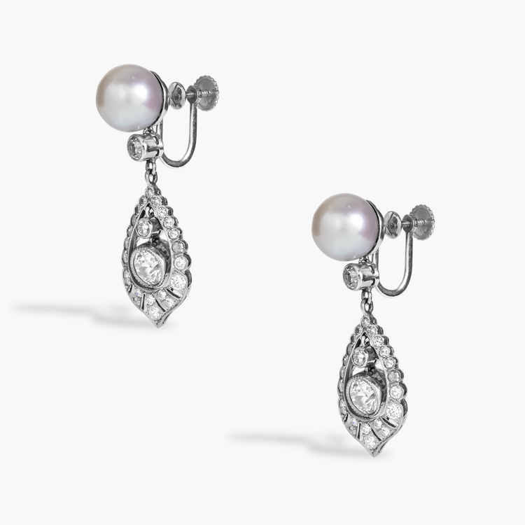 Edwardian Pearl and Old Cut Diamond Drop Earrings 9mm in 14ct White Gold_2