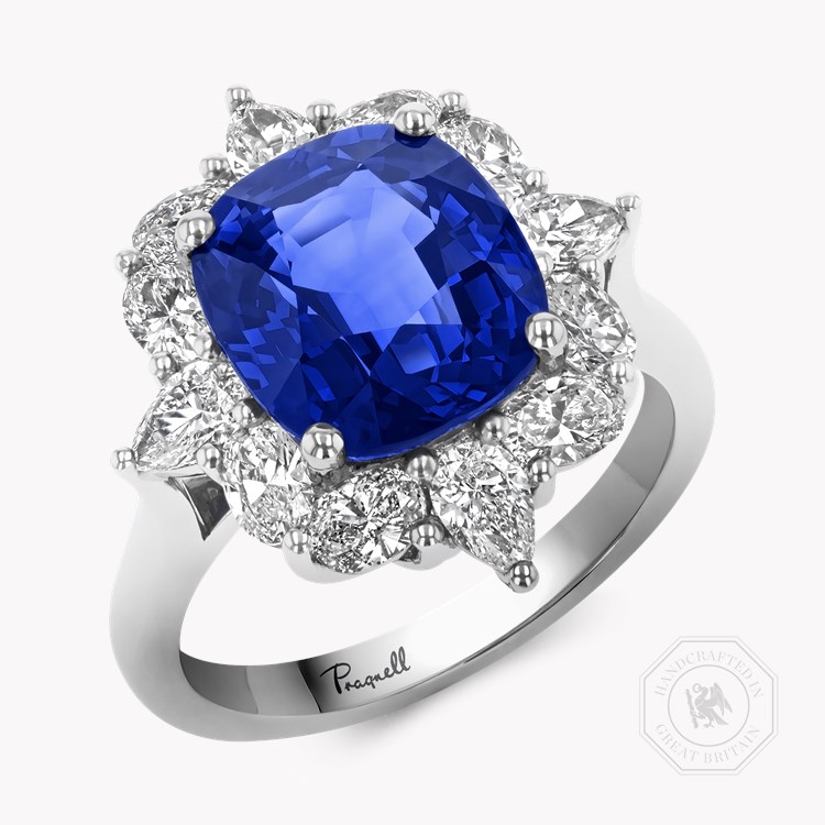Sri Lankan Sapphire Cluster Ring with Pear and Oval Diamond Surround Cushion Modern Cut, Four Claw Set_1