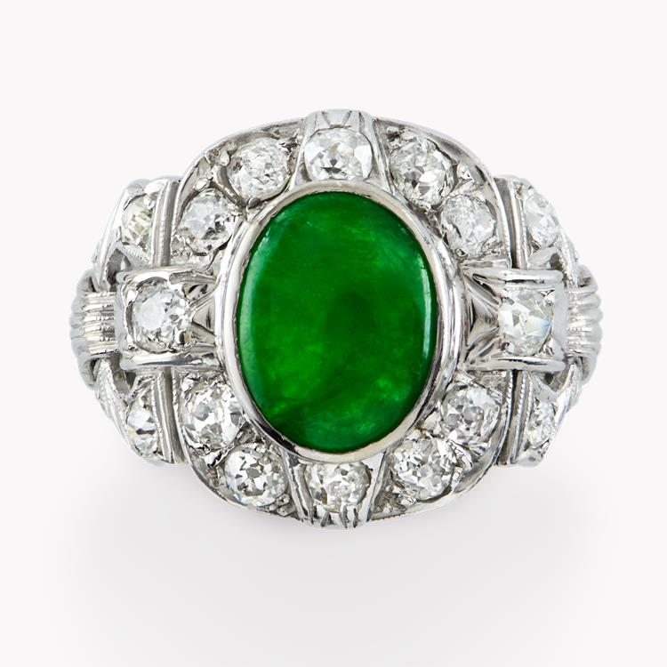 Retro Jadeite Cluster Ring 5.14CT in Yellow & White Gold Oval Cabochon Ring, With Diamond Surround_2