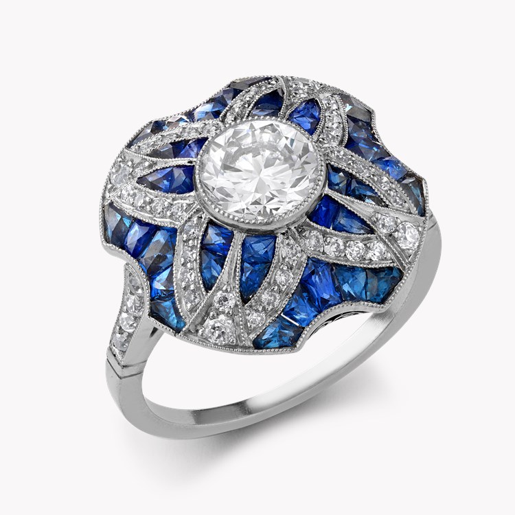 Art Deco Inspired Diamond and Calibre Sapphire Dress Ring with Sapphire and Diamond surround Old Cut, Millegrain Set_1
