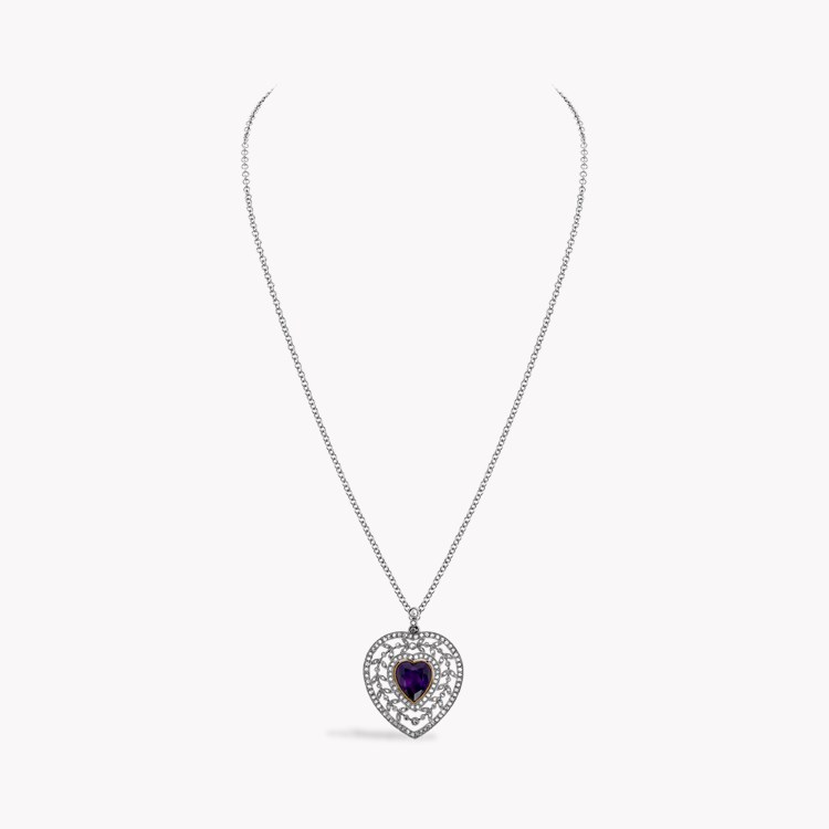 Edwardian Heart Shaped 3.33ct Amethyst and Diamond Pendant HEART & ROSE CUT, MILLEGRAIN SET_3