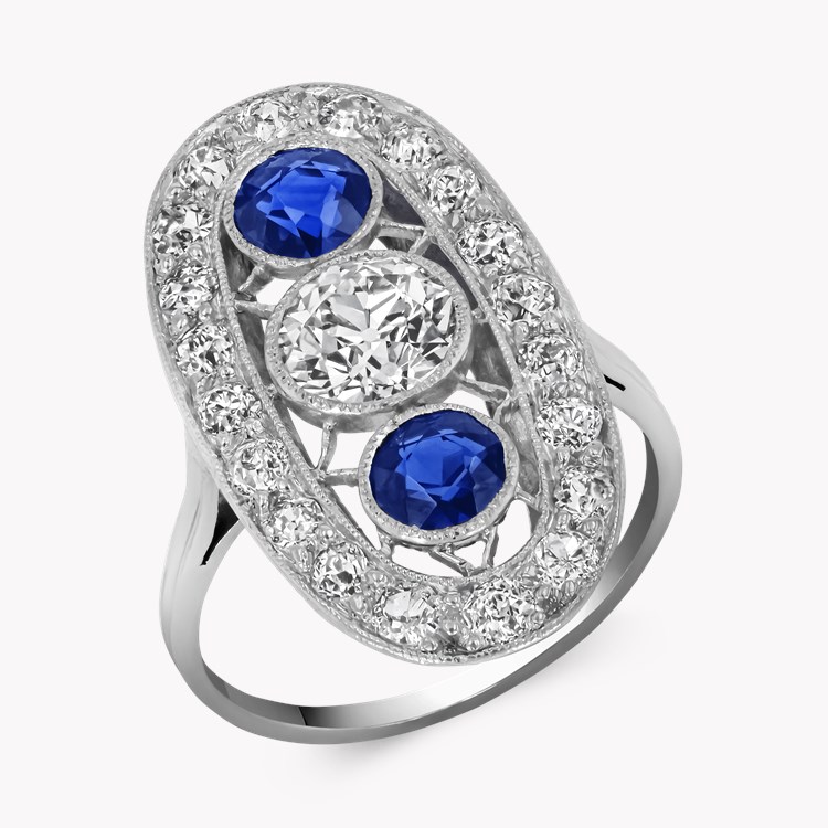 Edwardian Inspired Sapphire and Diamond Cluster Ring with Diamond Surround Brilliant Cut, Millegrain Set_1