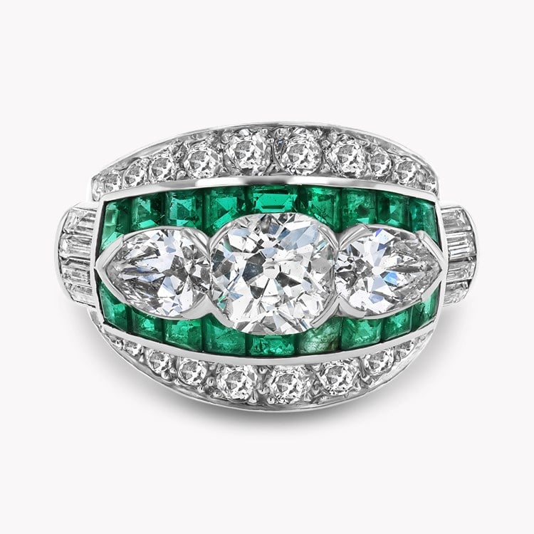 Art Deco Marcus & Co. Old Cut Diamond and Emerald Ring Old Cut, Half Bezel set_2