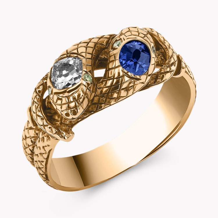 Belle Epoque Sapphire and Diamond Entwined Snake Ring Old Mine Cut, Rubover Set_1
