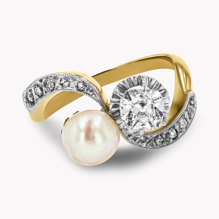 Edwardian Cushion Cut Diamond and Pearl Toi et Moi Ring Cushion Antique Cut, Claw Set_2