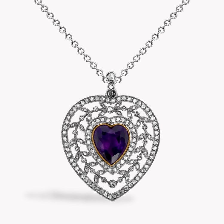 Edwardian 3.33ct Heart Shaped Amethyst and Diamond Pendant Heart shaped, Millegrain set_2