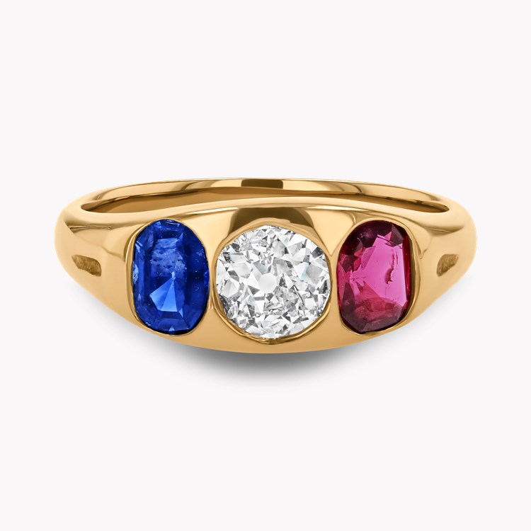Old Cut Diamond, Sapphire and Ruby Three Stone Ring Old & Oval Cut, Gypsy Set_2