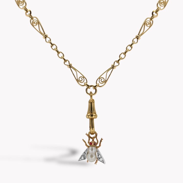 Edwardian Pearl and Diamond Fly Clip Pendant Rose Cut, Claw Set_1