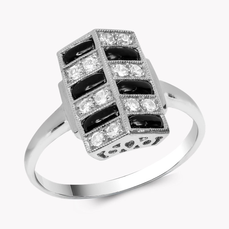 Art Deco Style Brilliant Cut Diamond and Black Onyx Plaque Ring Brilliant Cut, Grain Set_1