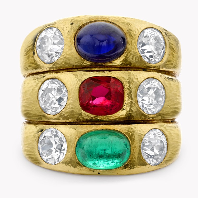 Emerald, Ruby, Sapphire & Diamond dress Ring by David Webb Cabochon, Cushion-cut, Old Mine-cut all Gypsy-set_2