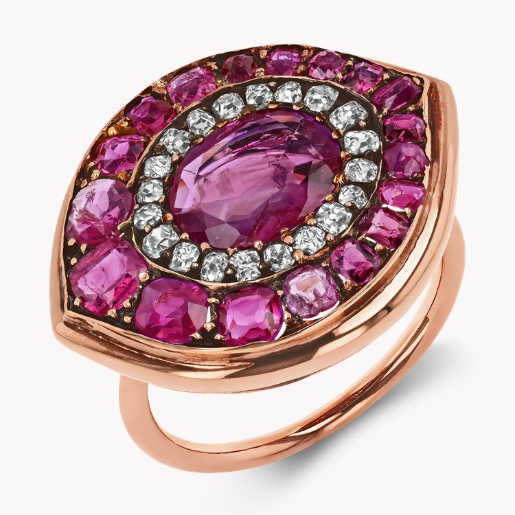 Art Deco Ruby Cluster Ring Oval Cut Ruby Ring, with Diamond & Ruby Surround_1