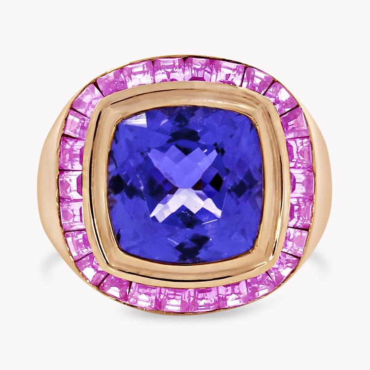 Cushion Cut Tanzanite Ring 5.13CT in Rose Gold Cocktail Ring with Carre Cut Pink Sapphires_1