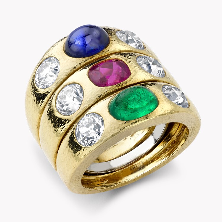 Emerald, Ruby, Sapphire & Diamond dress Ring by David Webb Cabochon, Cushion-cut, Old Mine-cut all Gypsy-set_1